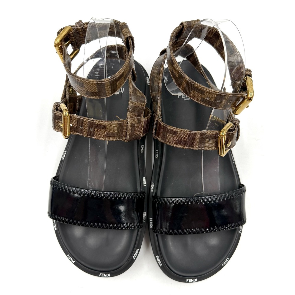 Fendi Zucca FF Platform Sandals Monogram Logo Brown Black Gladiator Sz 38 / 8 - Picture 2 of 13